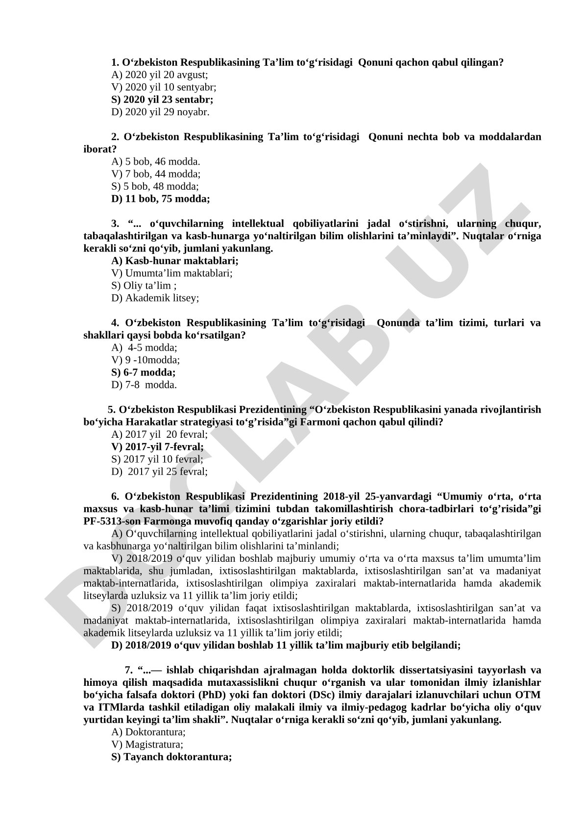 Ta'lim to'g'risidagi Qonun va Harakatlar strategiyasi test savollari