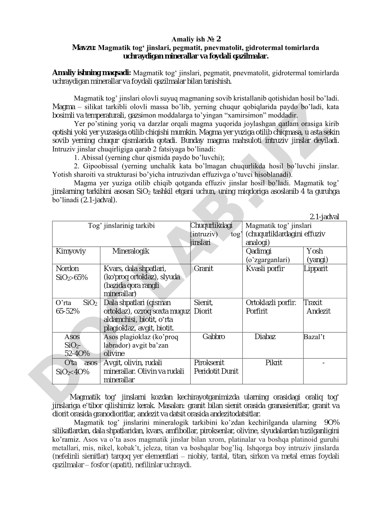 Magmatik tog' jinslari, pegmatit, pnevmatolit, gidrotermal tomirlarda uchraydigan minerallar va foydali qazilmalar