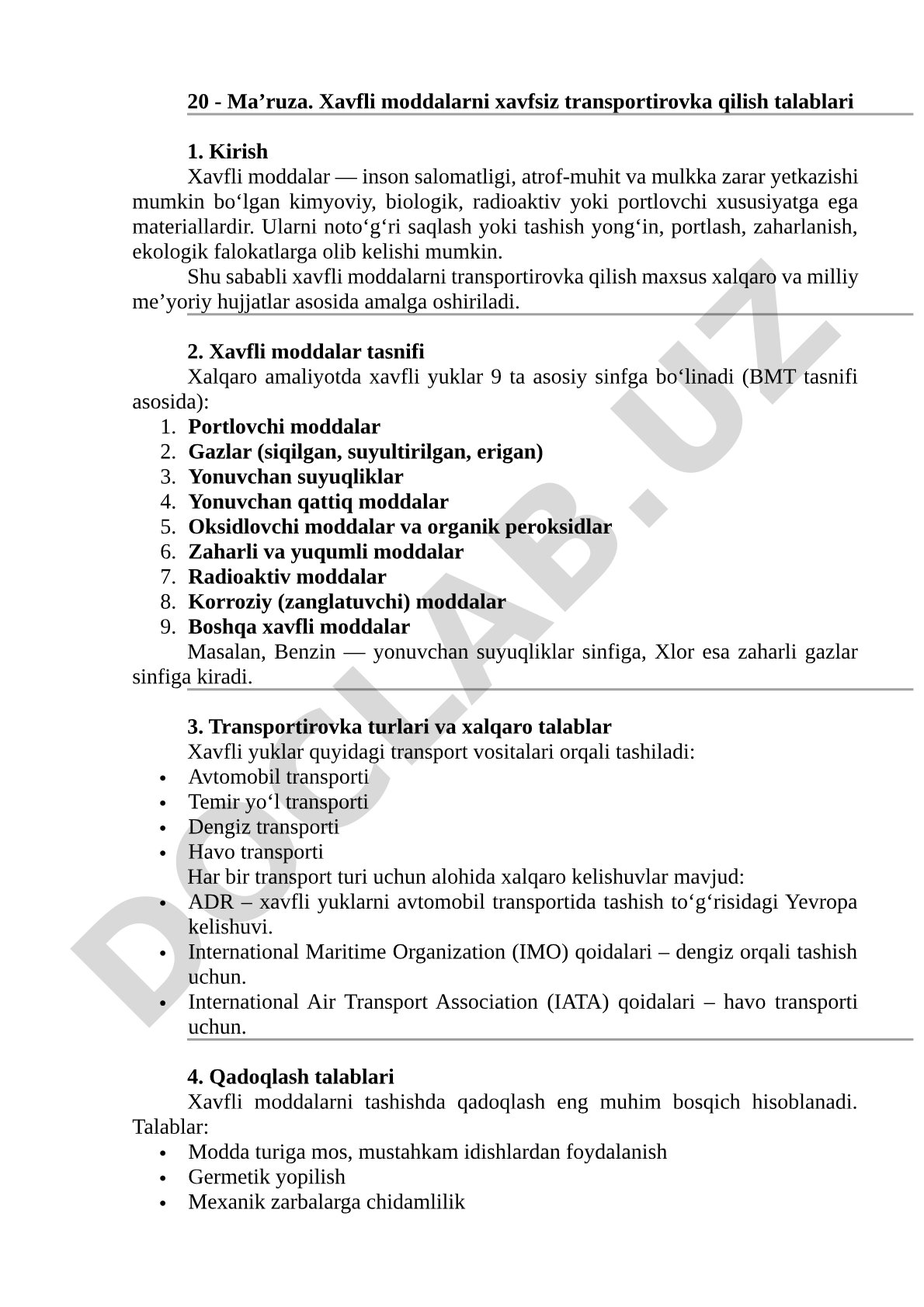 Xavfli moddalarni xavfsiz transportirovka qilish talablari