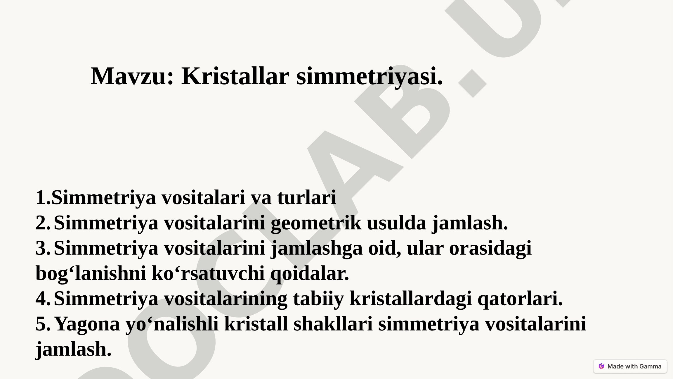 Kristallar simmetriyasi, simmetriya vositalari va turlari, ularni geometrik usulda