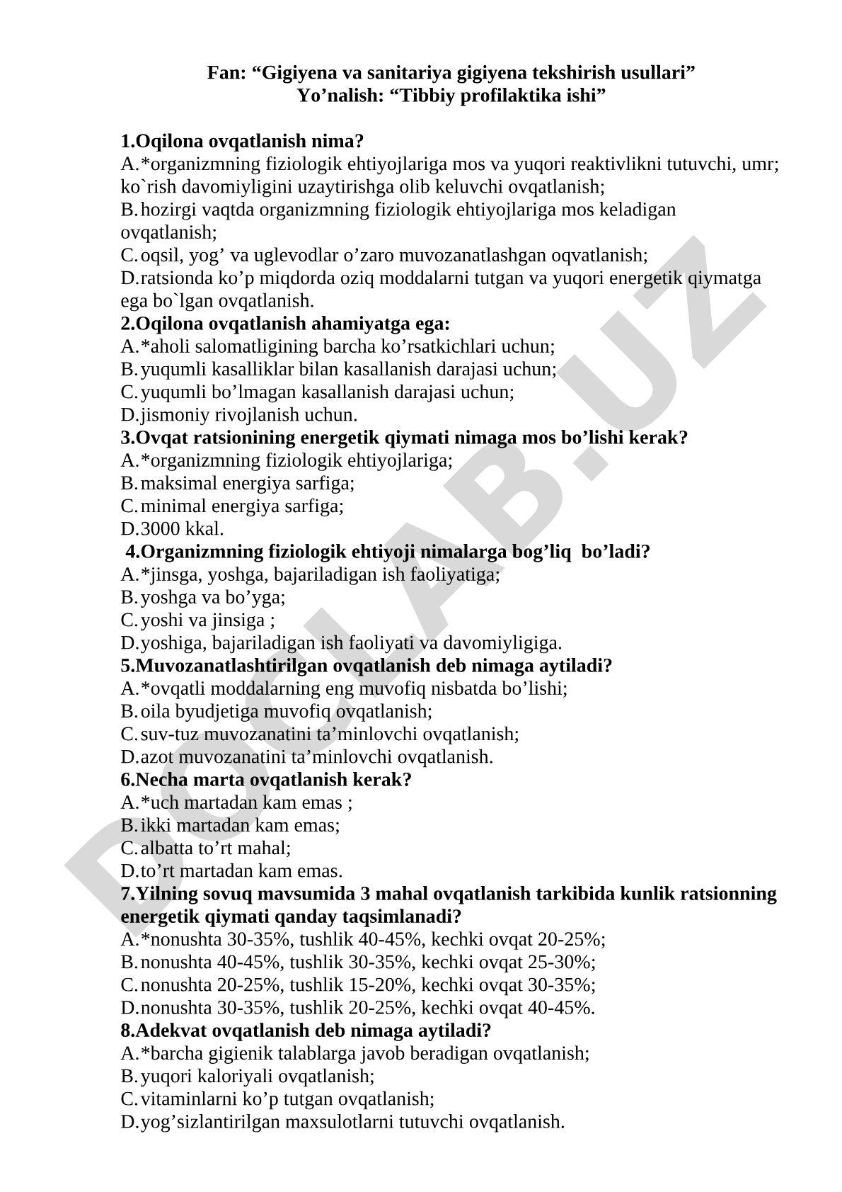Gigiyena va sanitariya gigiyena tekshirish usullari fanidan test savollari
