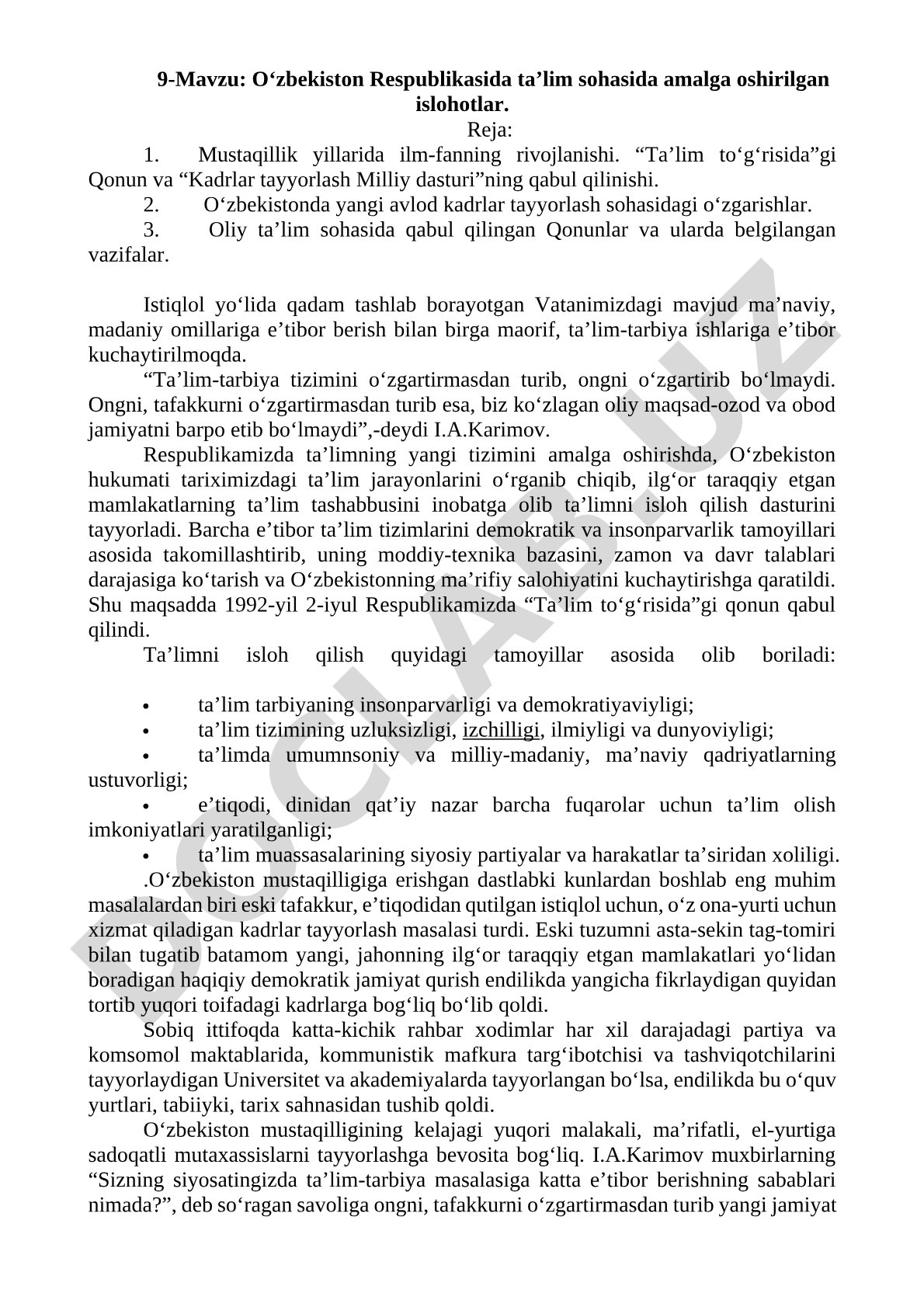 O‘zbekiston Respublikasida ta’lim sohasida amalga oshirilgan islohotlar