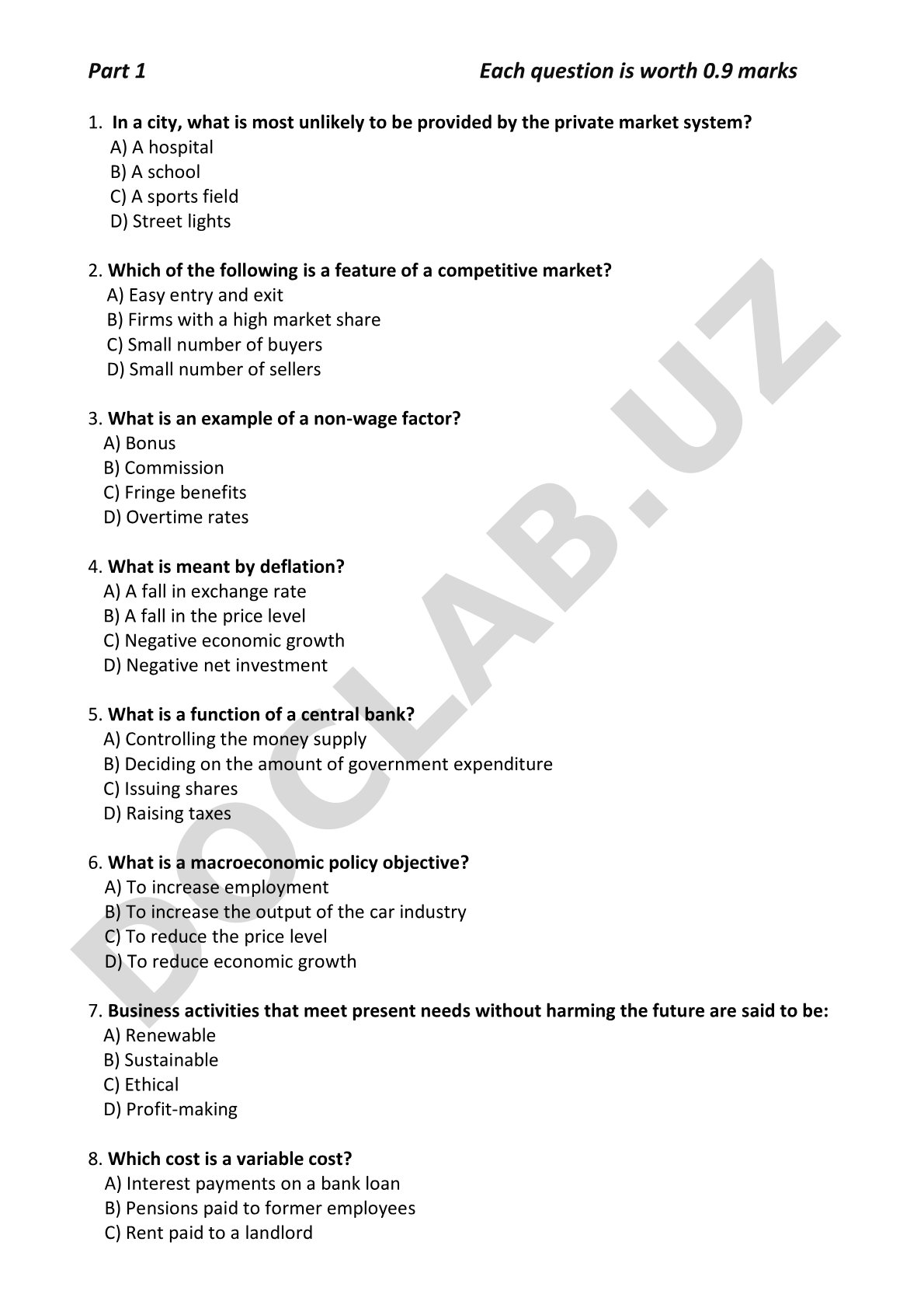 Multiple Choice Questions on Economics