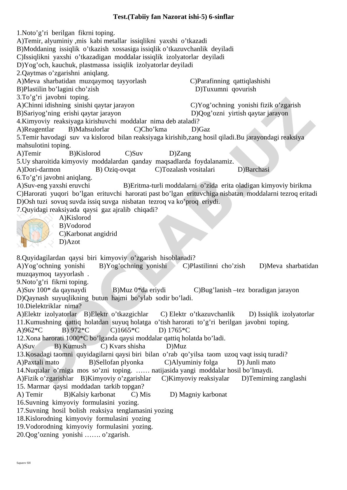 Test.(Tabiiy fan Nazorat ishi-5) 6-sinflar