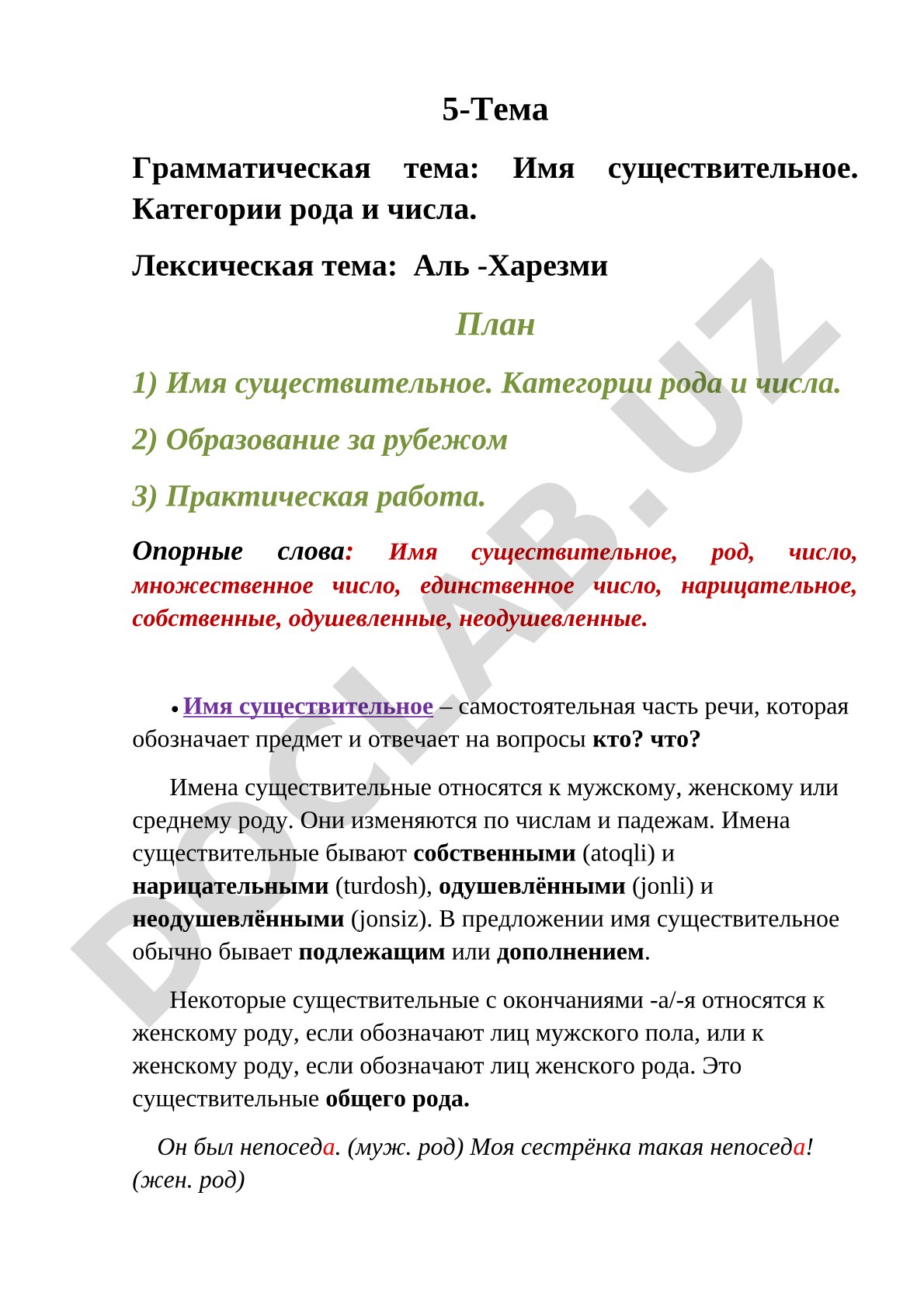 Имя существительное. Категории рода и числа. Аль-Хорезми