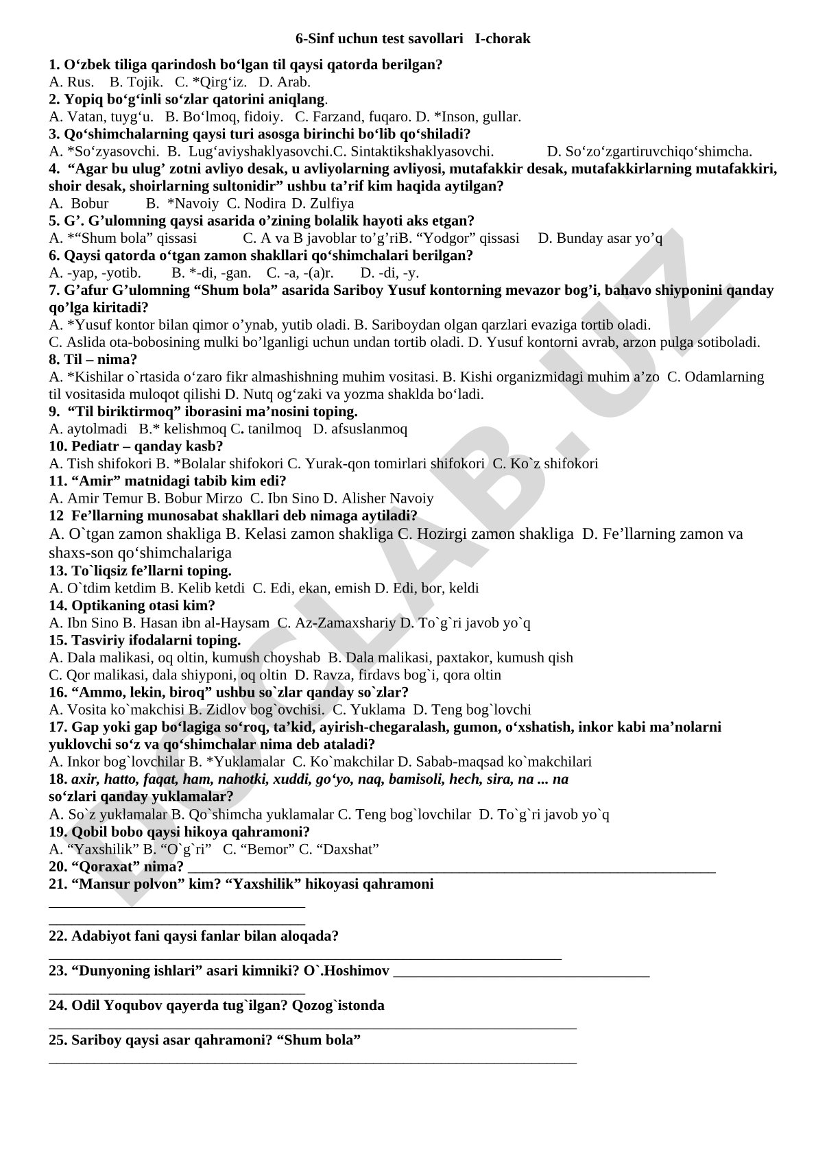 6-sinf I-chorak test savollari