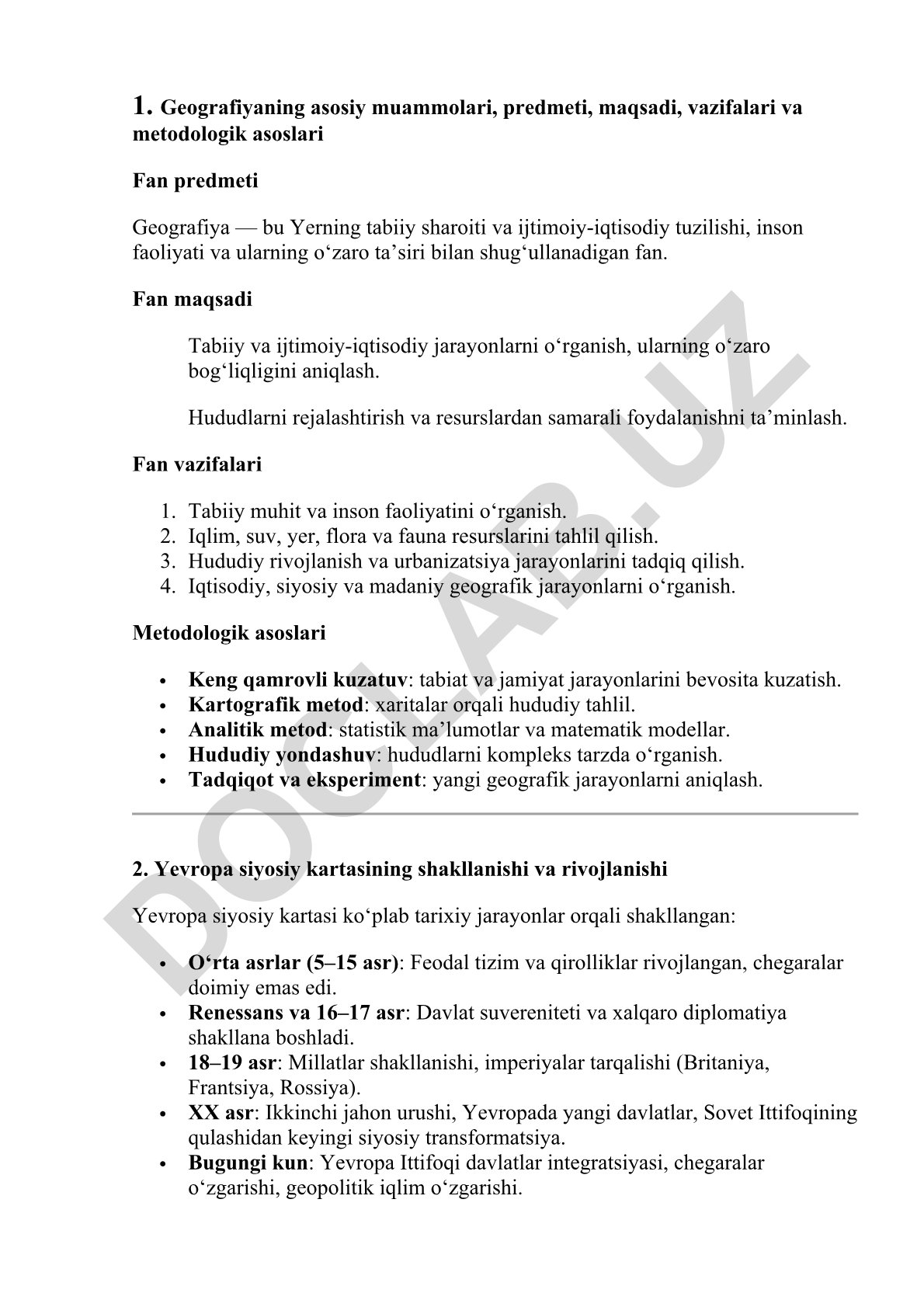 Geografiyaning asosiy muammolari, predmeti, maqsadi, vazifalari va metodologik asoslari