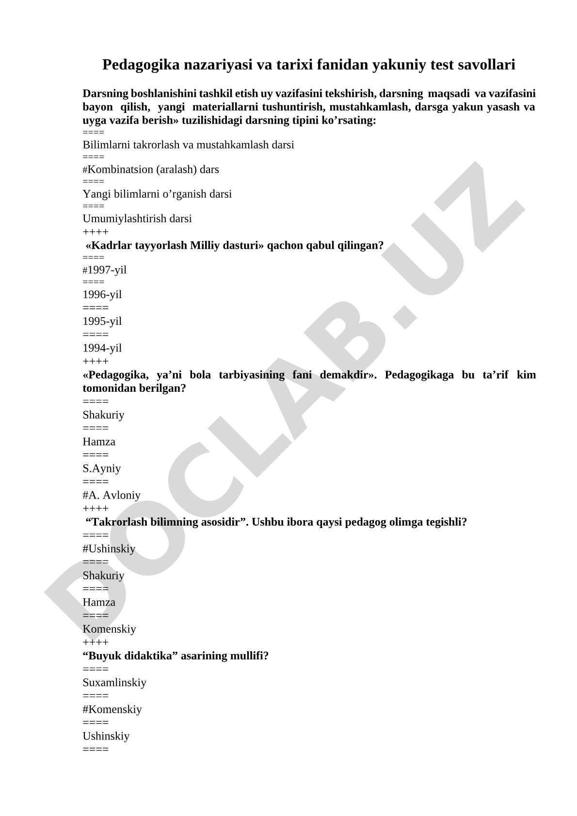 Pedagogika nazariyasi va tarixi fanidan yakuniy test savollari