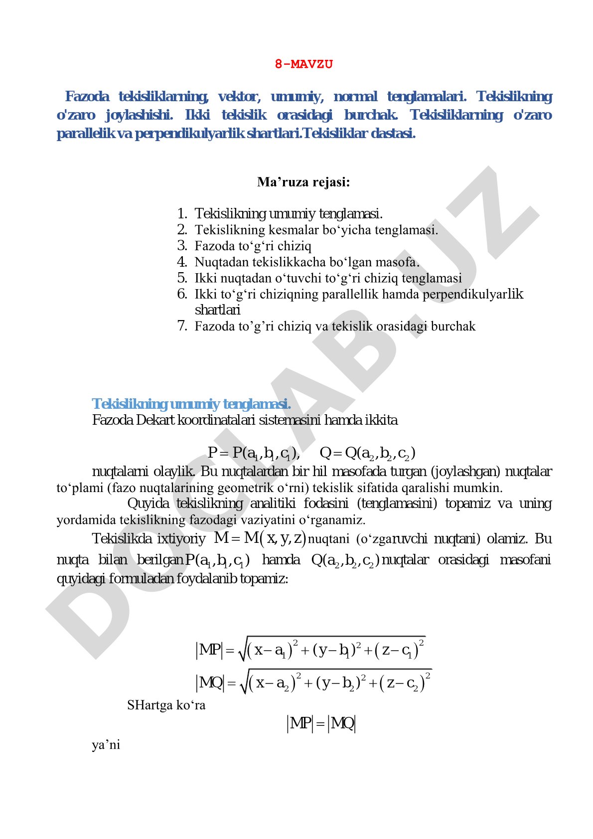 Fazoda tekisliklarning tenglamalari va o'zaro joylashishi