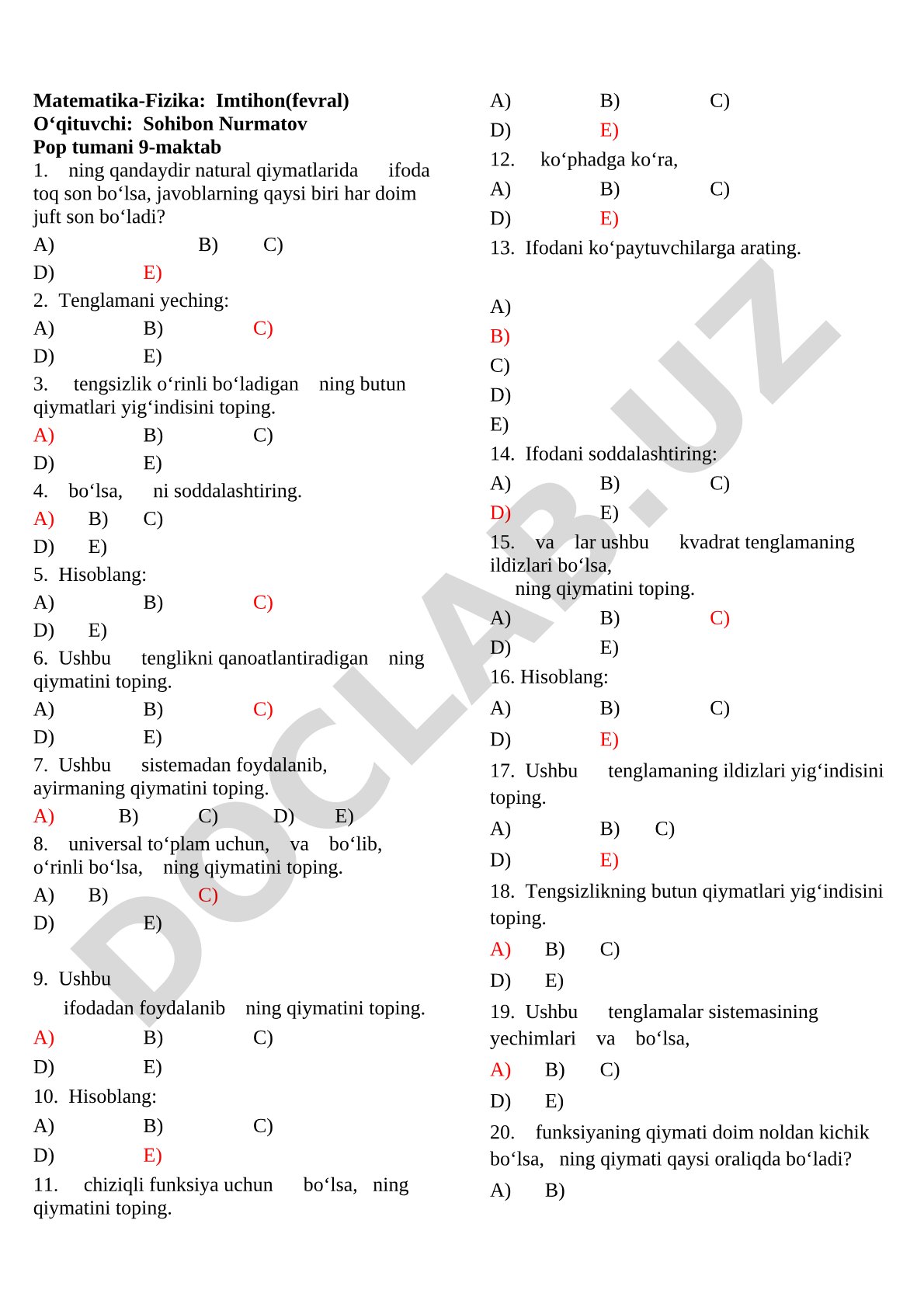 Matematika-Fizika: Imtihon (fevral)