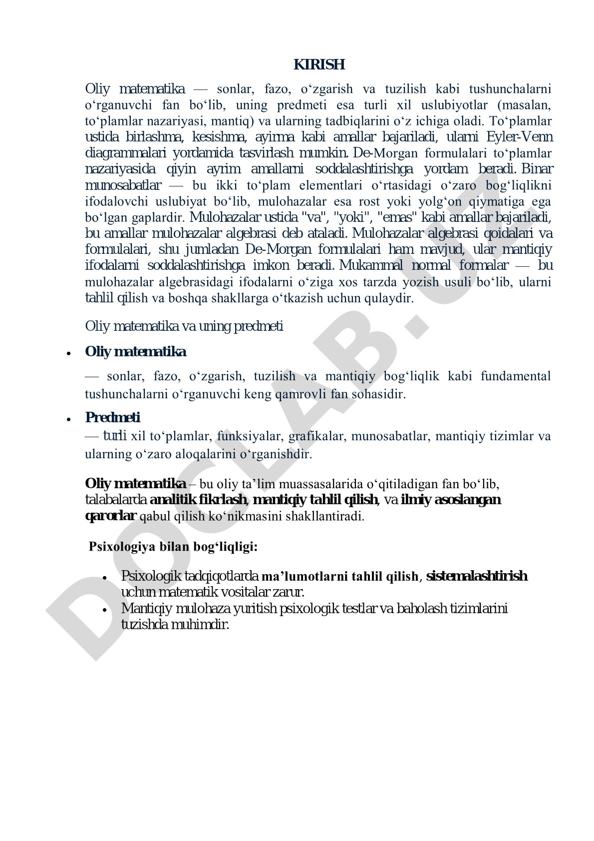 Oliy matematikada to'plamlar va mulohazalar algebrasi