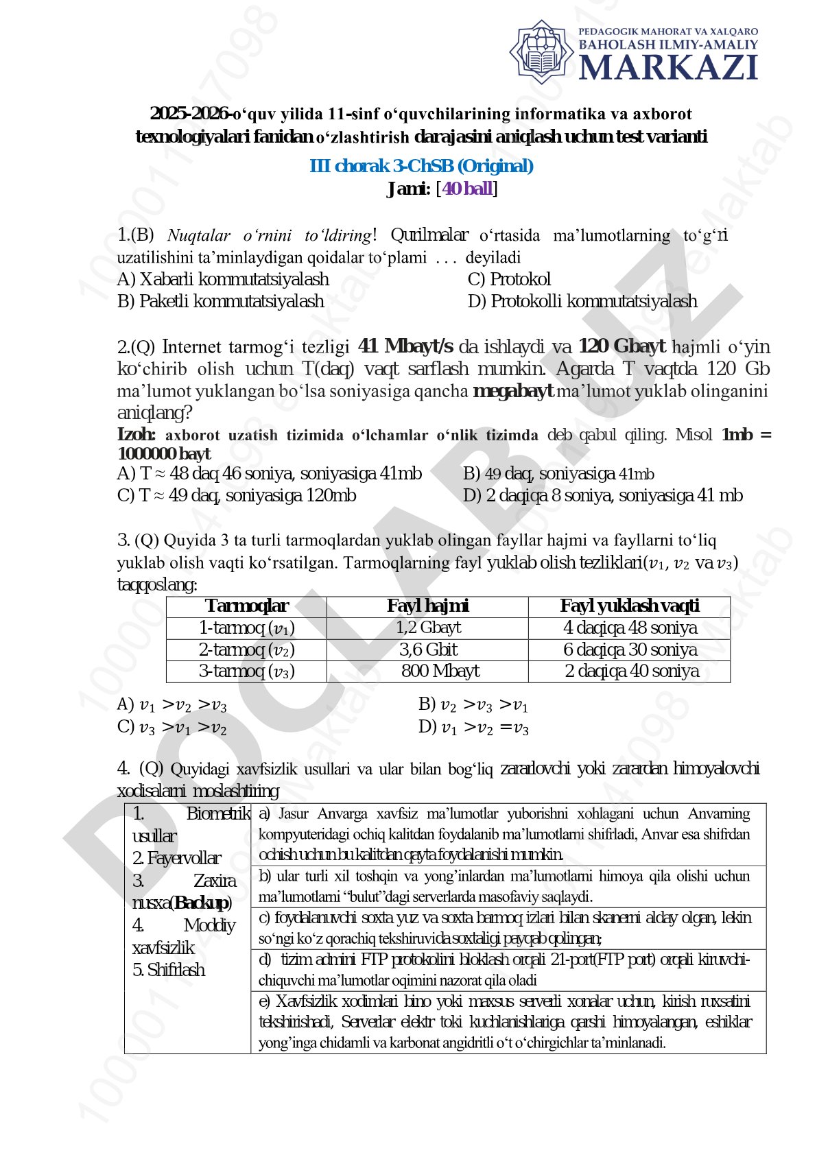 11-sinf informatika va axborot texnologiyalari 3-ChSB test varianti