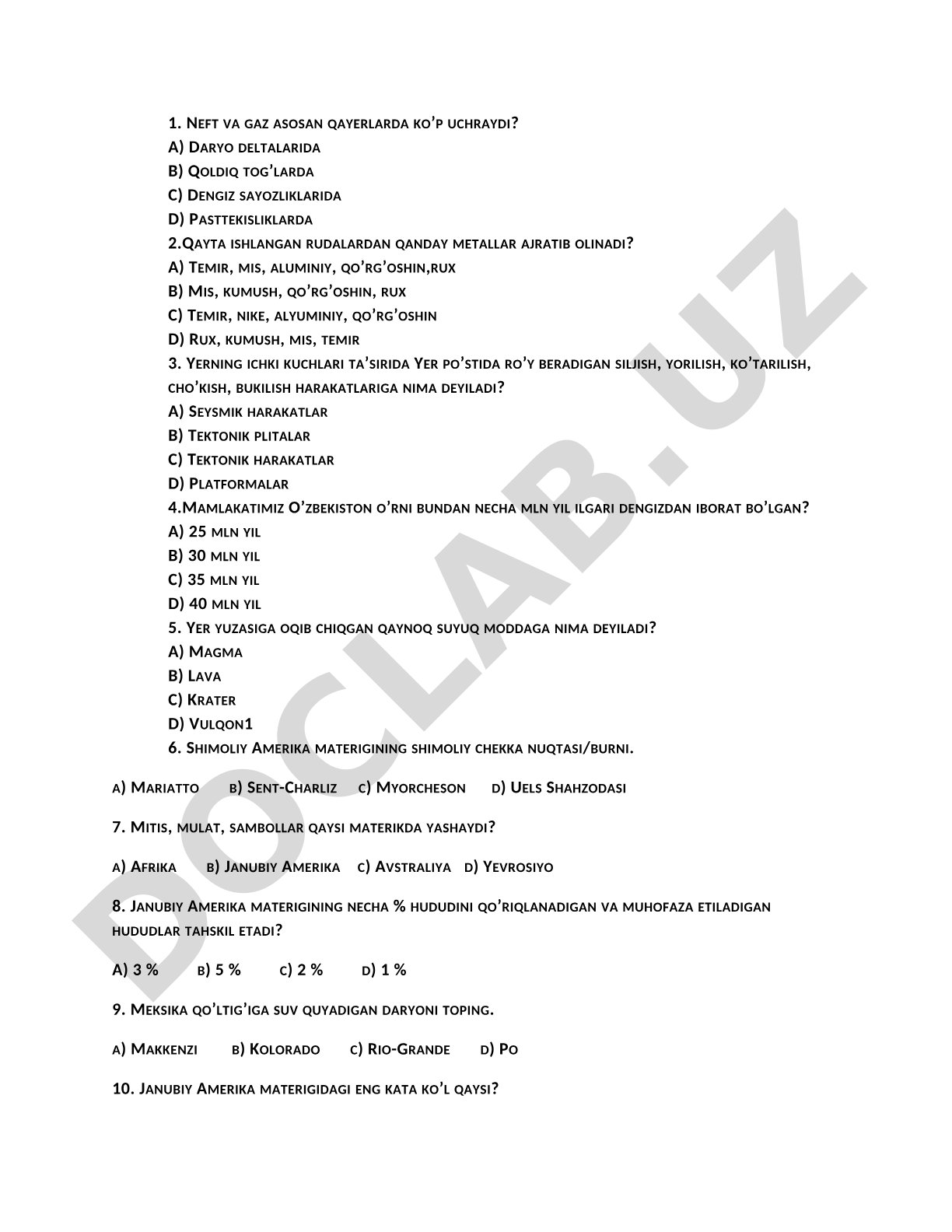 Geografiya fanidan test savollari