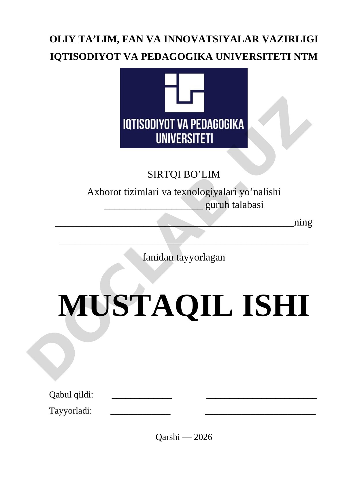 Axborot tizimlari va texnologiyalari fanidan mustaqil ish