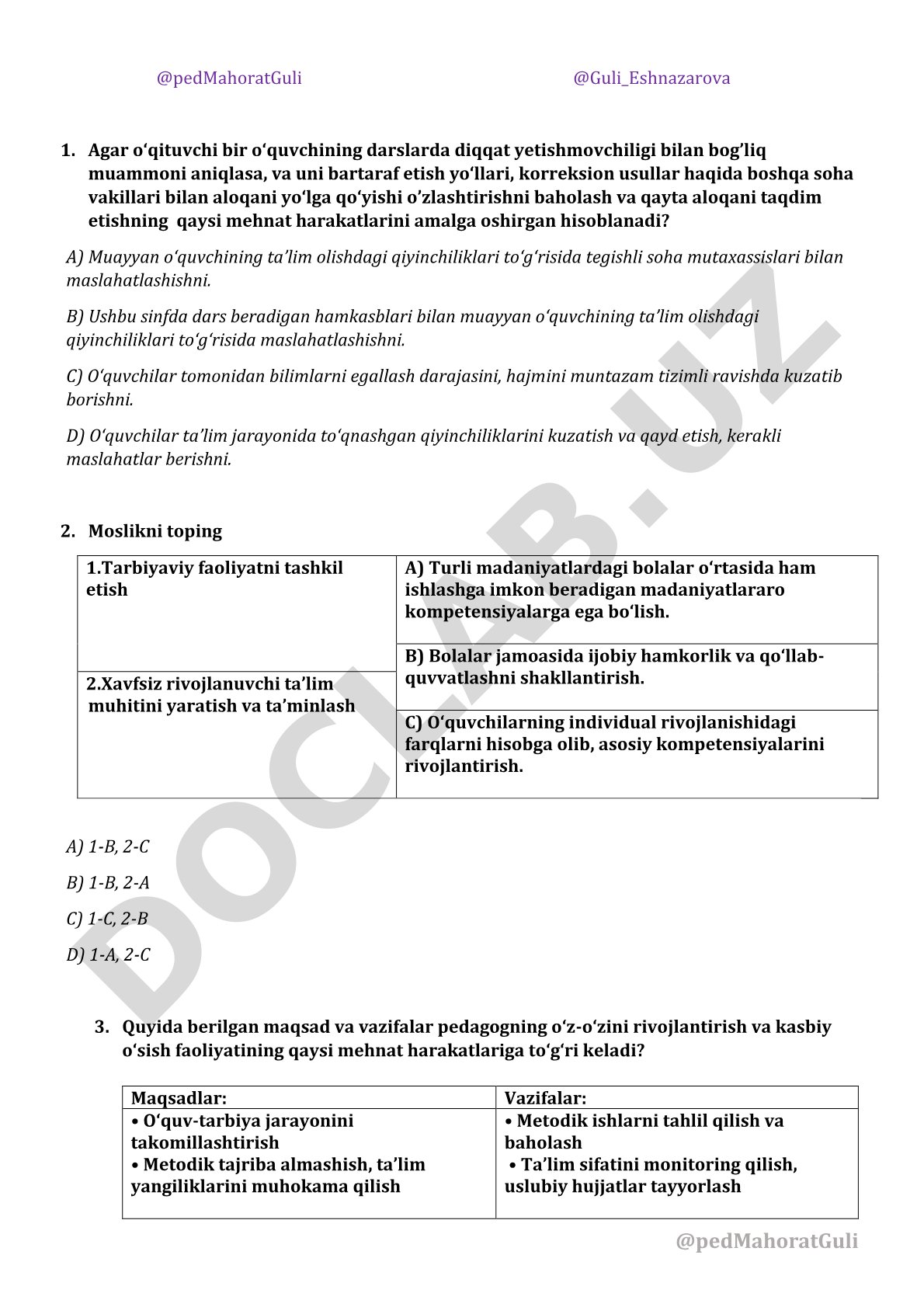 O'qituvchi mehnat harakatlari va ta'lim muhiti testi