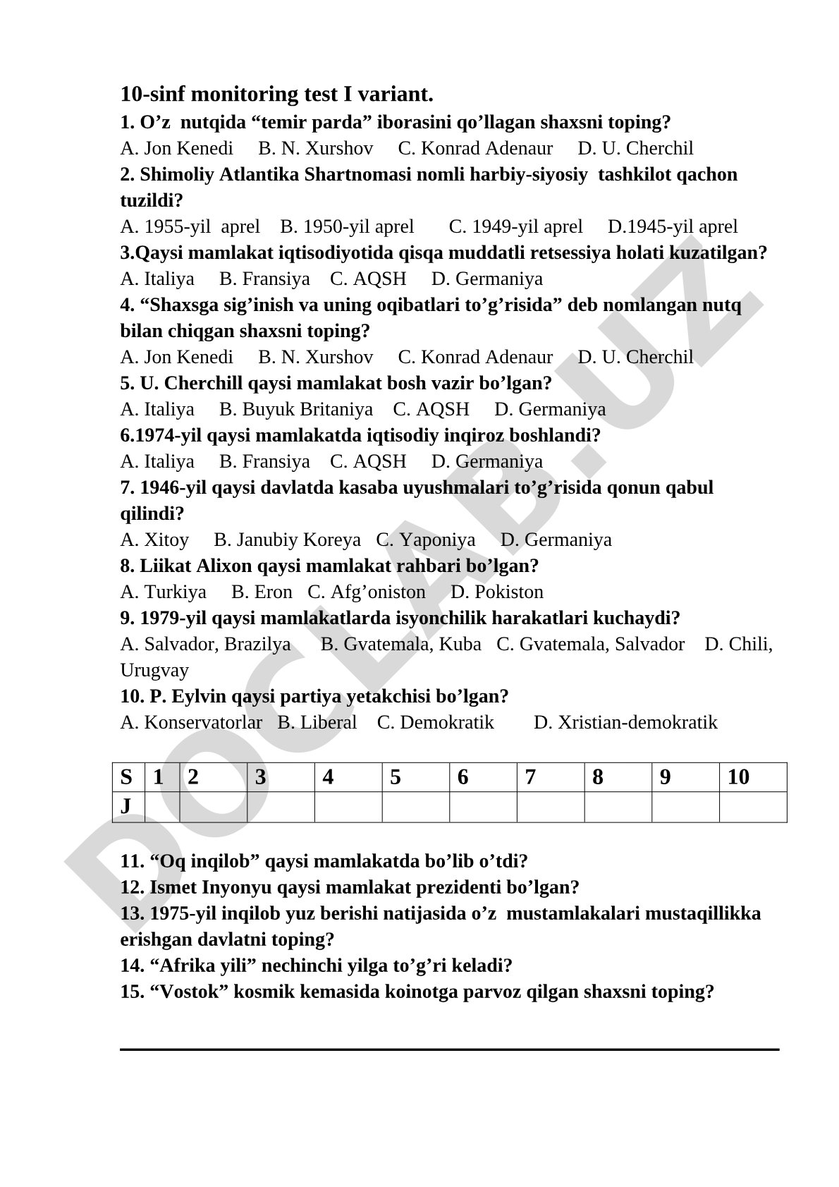 10-sinf tarix fanidan monitoring testi