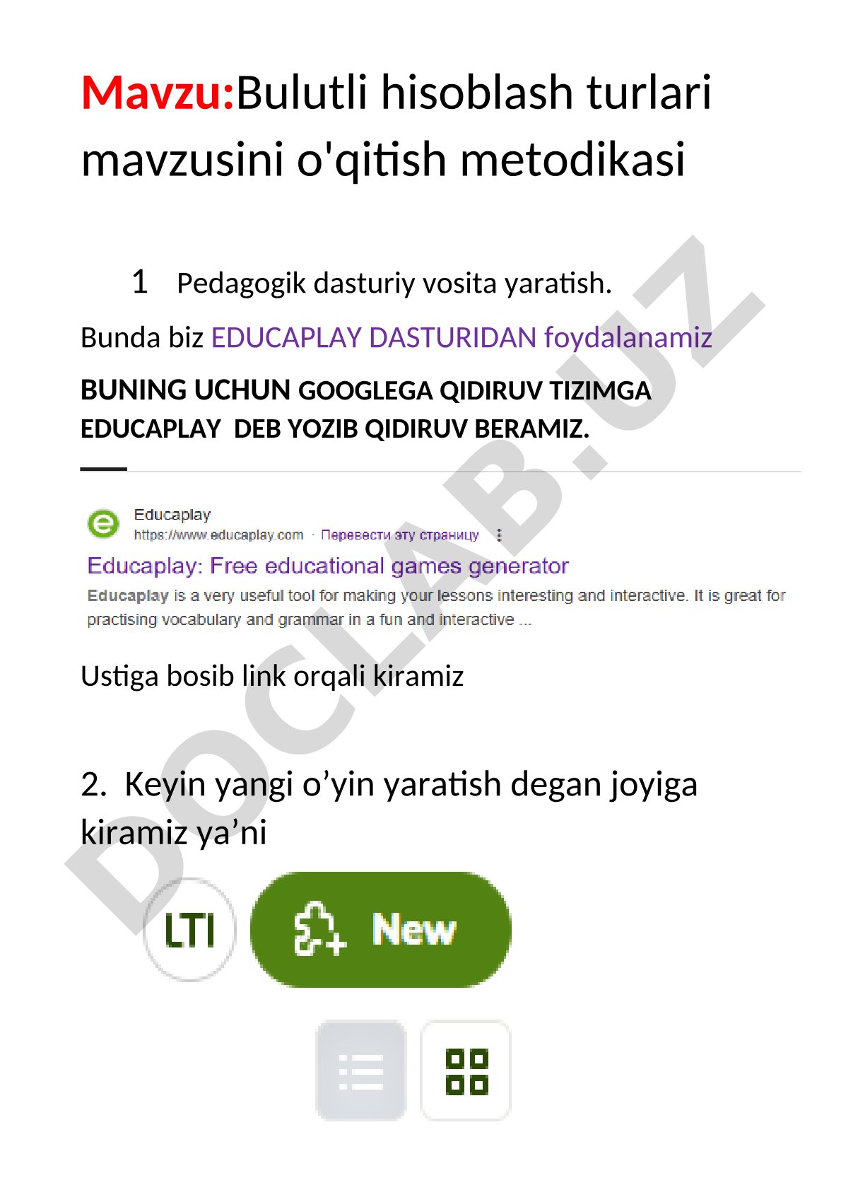 Bulutli hisoblash turlari mavzusini o'qitish metodikasi