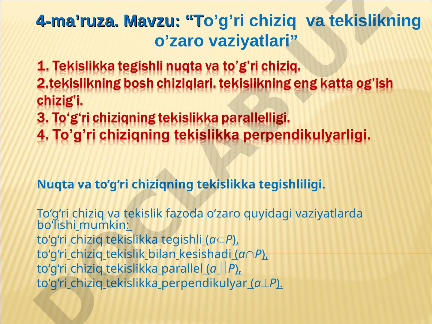 To'g'ri chiziq va tekislikning o'zaro vaziyatlari