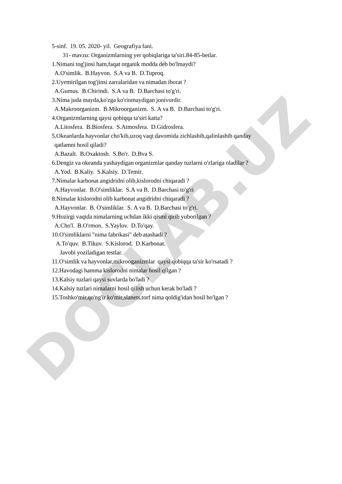 Organizmlarning yer qobiqlariga ta'siri