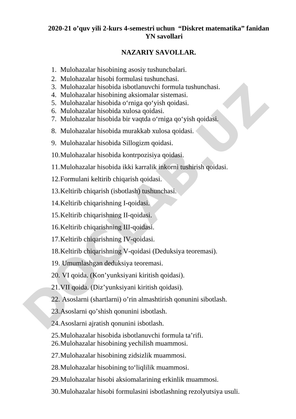 Diskret matematika fanidan YN savollari