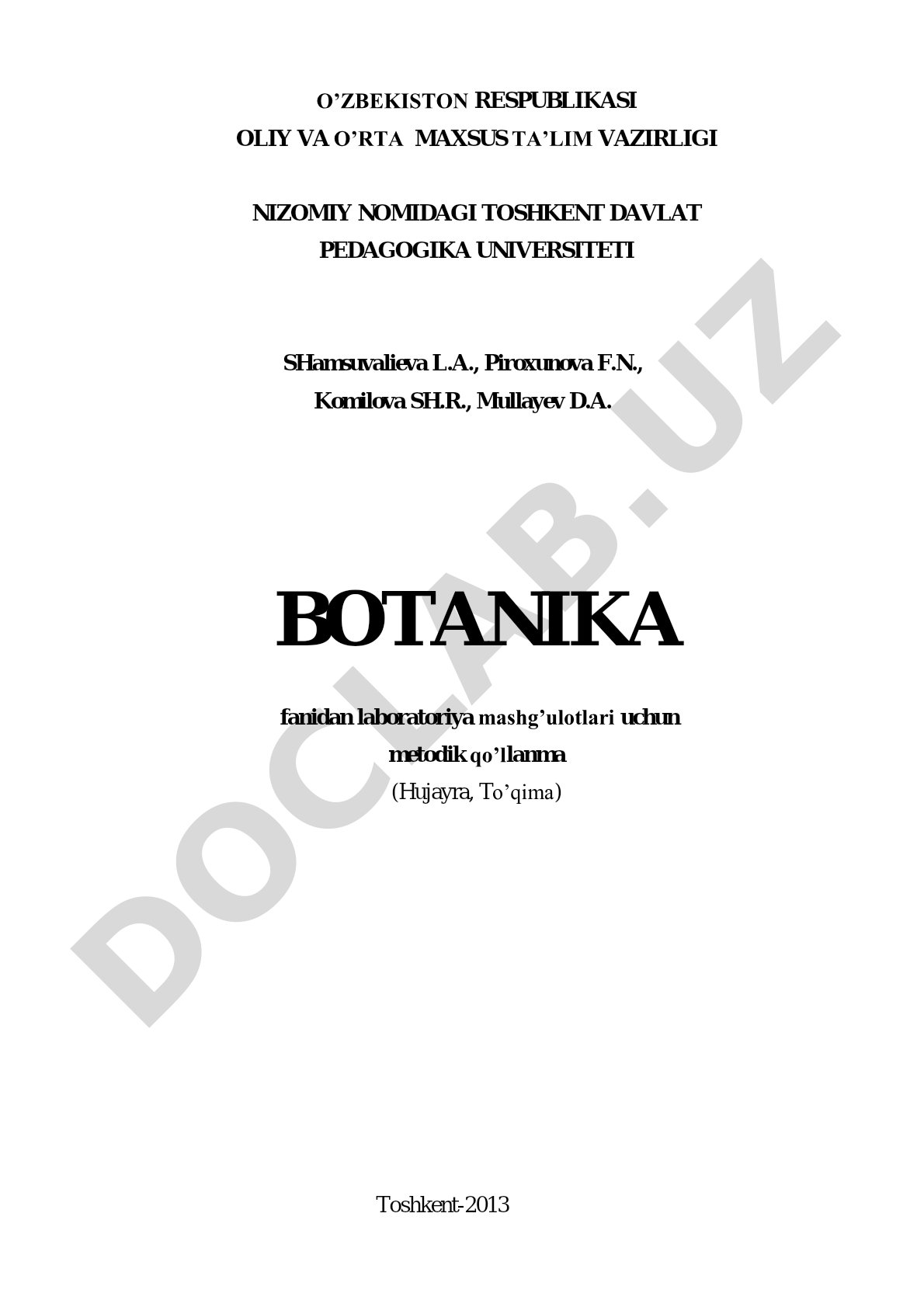 Botanika fanidan laboratoriya mashg’ulotlari uchun metodik qo’llanma (Hujayra, To’qima)