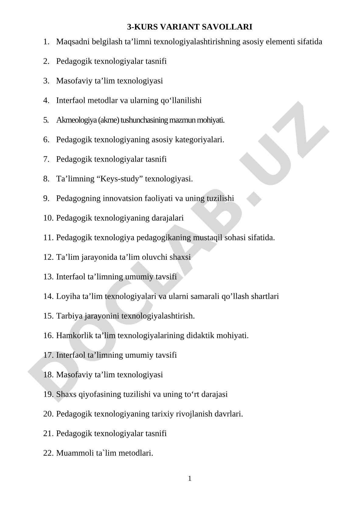 Pedagogik texnologiya fanidan 3-kurs variant savollari ro'yxati
