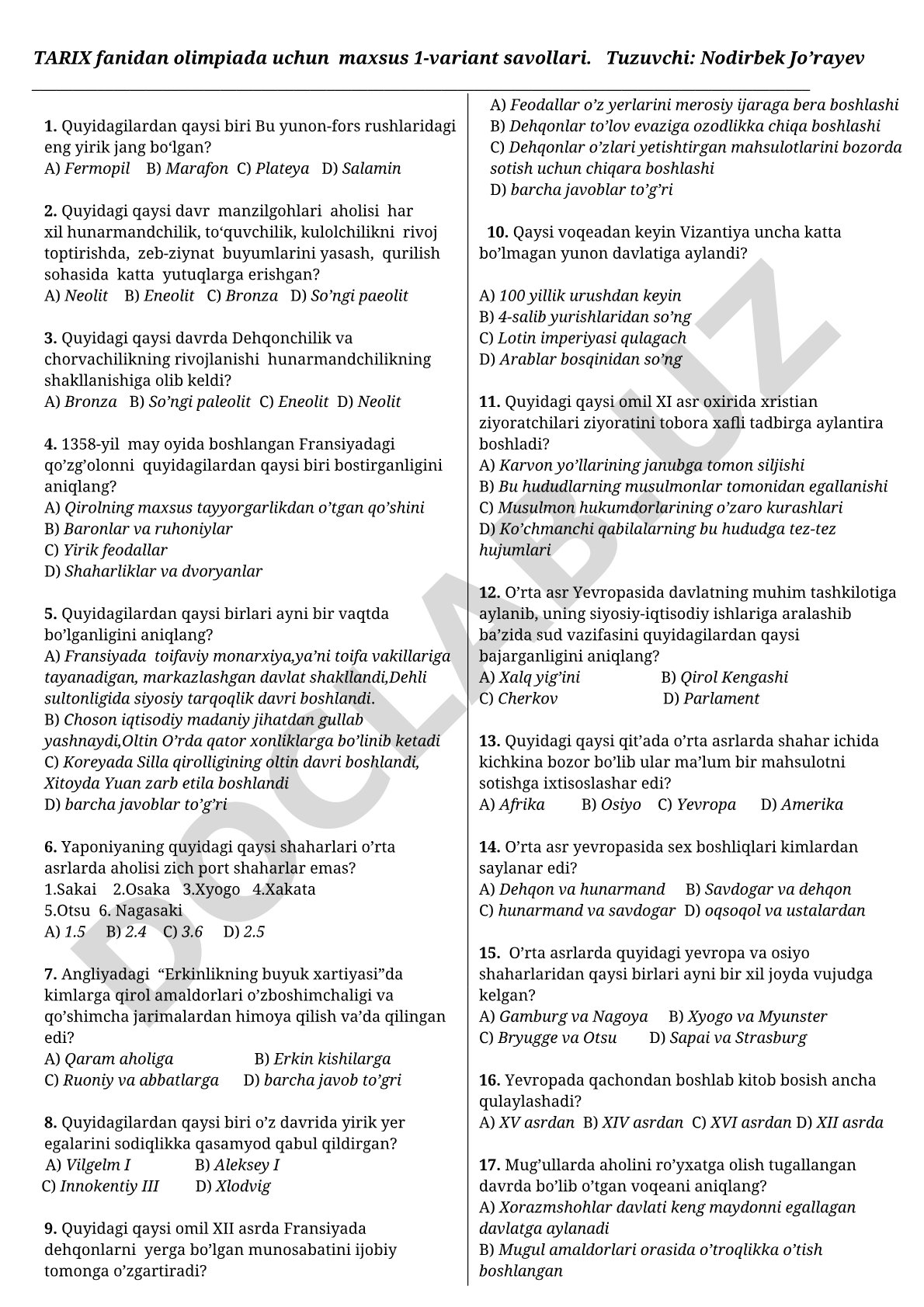 Tarix fanidan test savollari