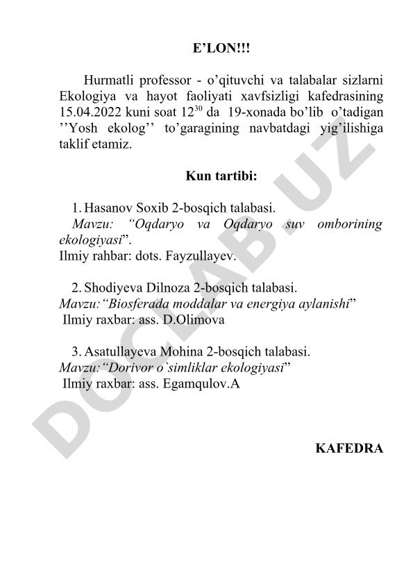 Yosh ekolog to'garagi yig'ilishi kun tartibi