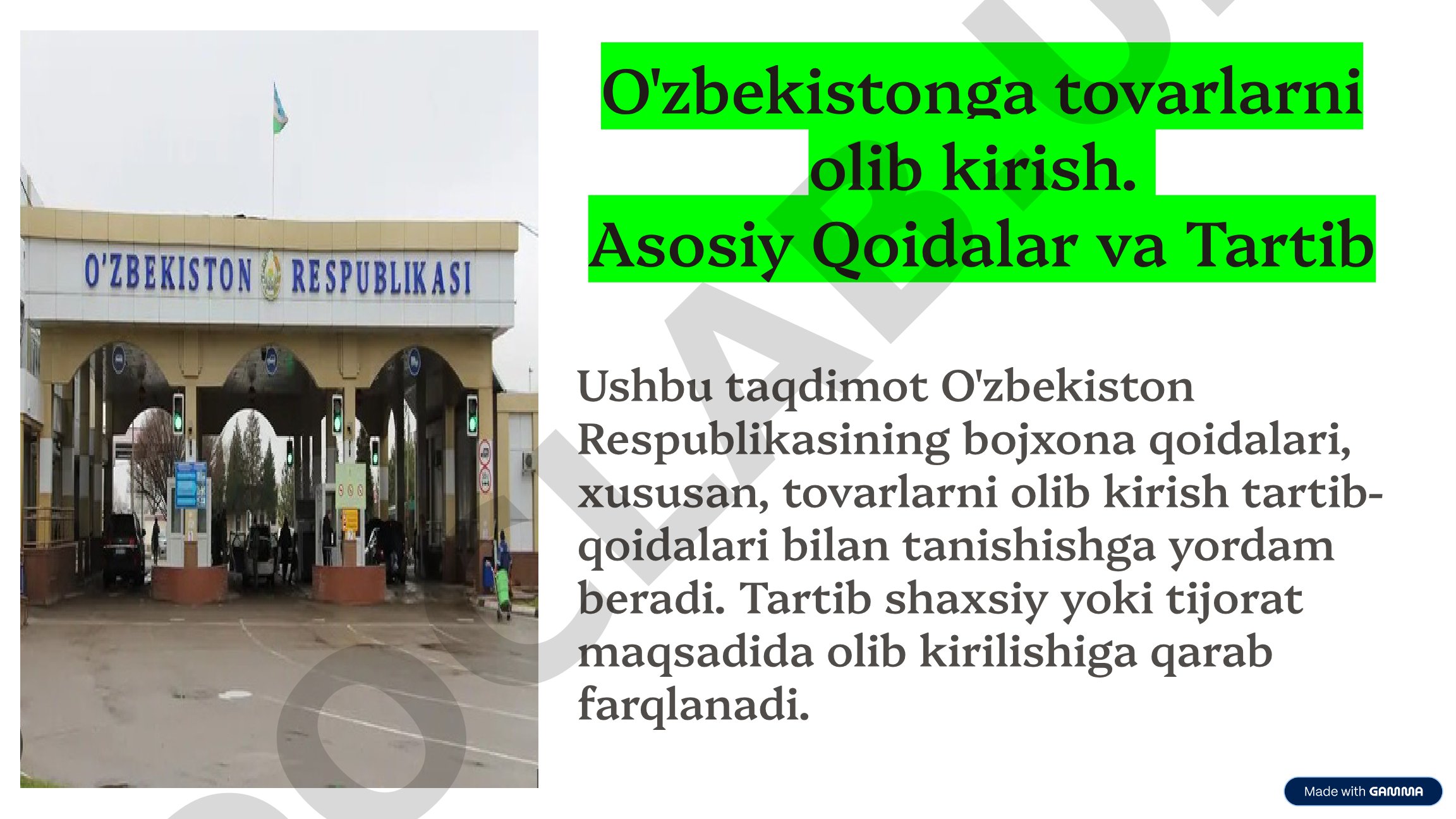 O'zbekistonga tovarlarni olib kirish. Asosiy Qoidalar va Tartib