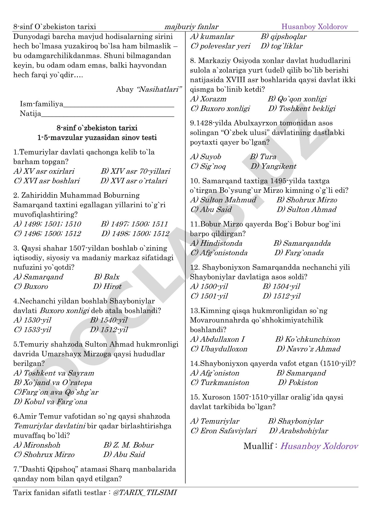 8-sinf O'zbekiston tarixi 1-5-mavzular yuzasidan sinov testi