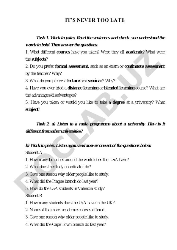 University of the Third Age educational tasks and listening exercises