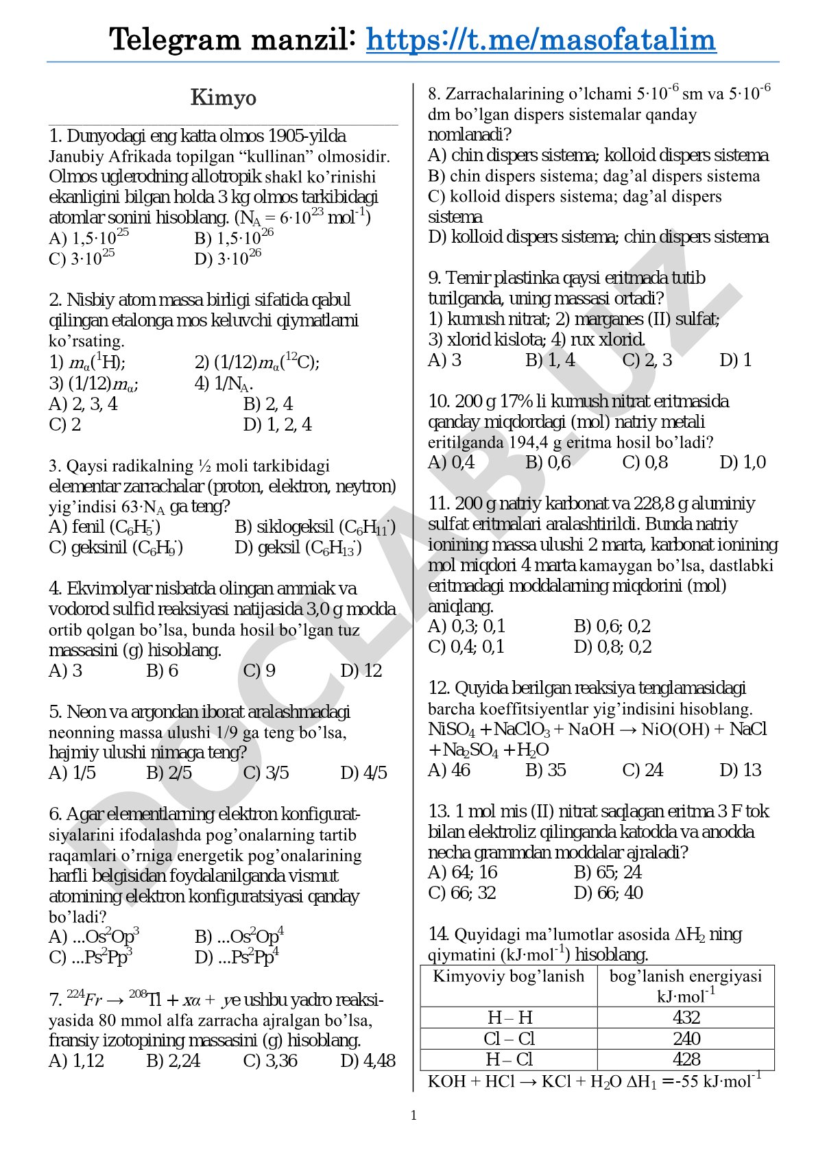 Kimyo fanidan test savollari