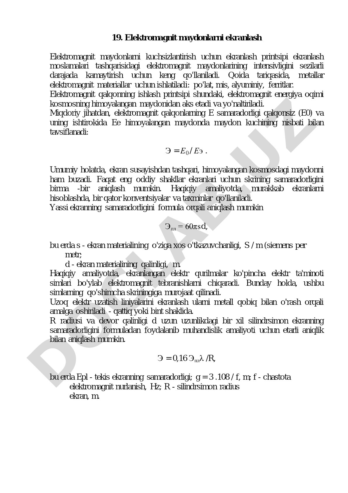 Elektromagnit ekranlash printsipi va samaradorligini hisoblash formulalari bayon etilgan