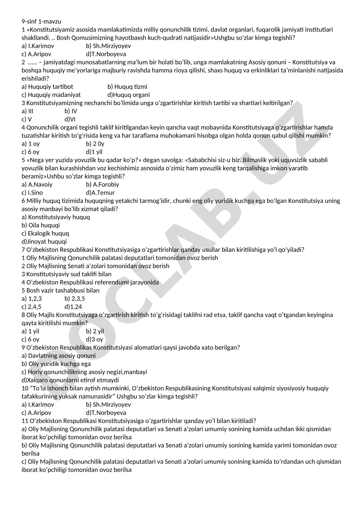 O'zbekiston Respublikasi Konstitutsiyasi bo'yicha test savollari