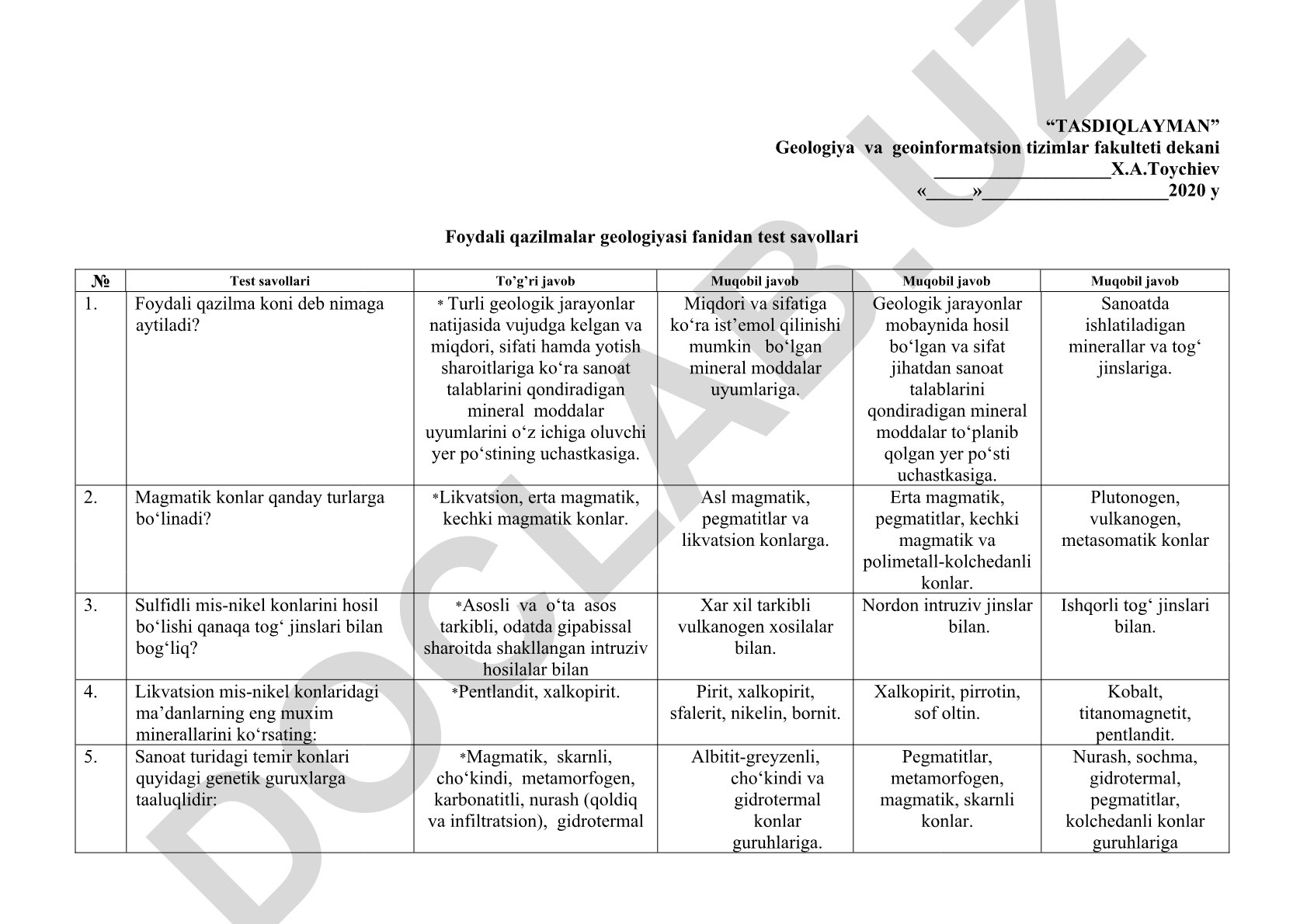 Foydali qazilmalar geologiyasi fanidan test savollari