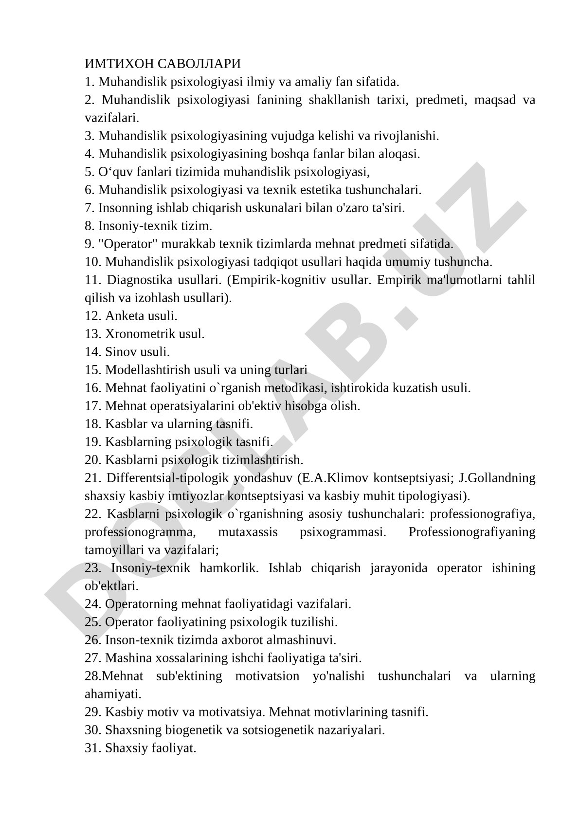 Muhandislik psixologiyasi imtihon savollari