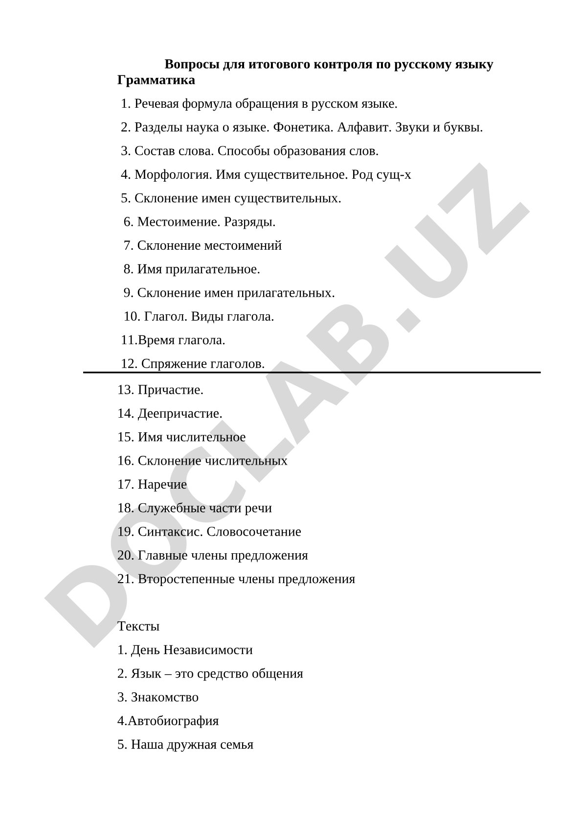 Вопросы для итогового контроля по русскому языку