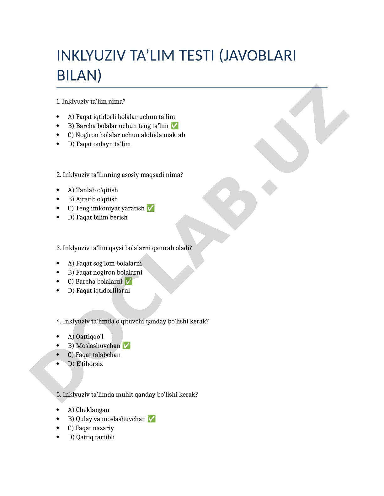 Inklyuziv ta’lim testi (javoblari bilan)
