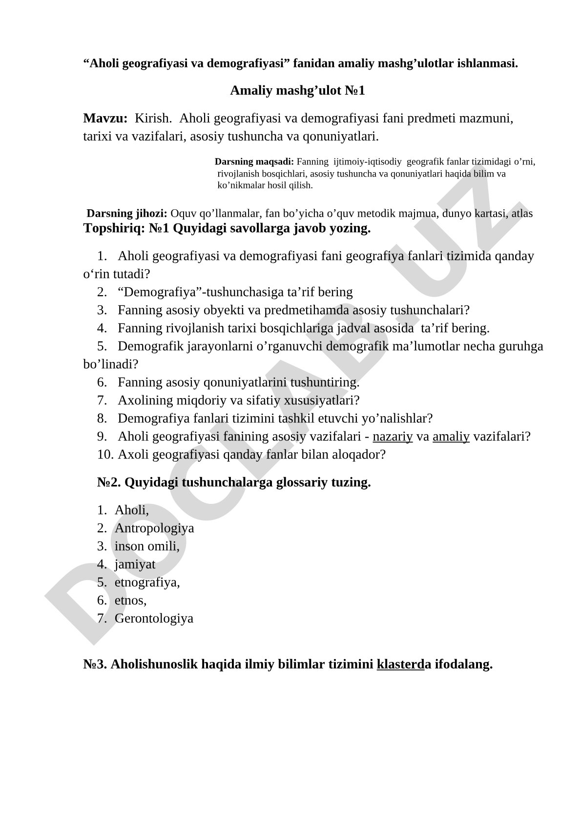Aholi geografiyasi va demografiyasi fanidan amaliy mashg'ulotlar ishlanmasi