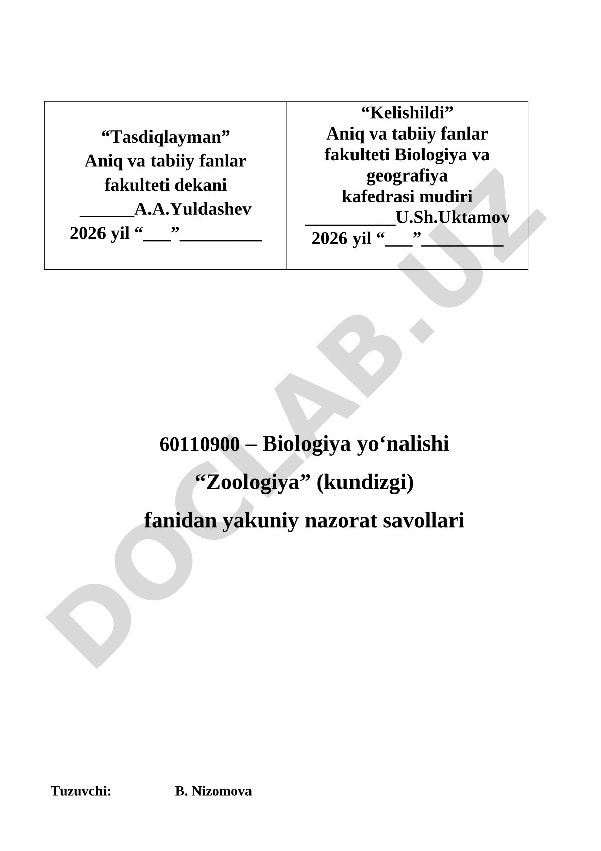 Umurtqalilar zoologiyasi fanidan yakuniy nazorat savollari