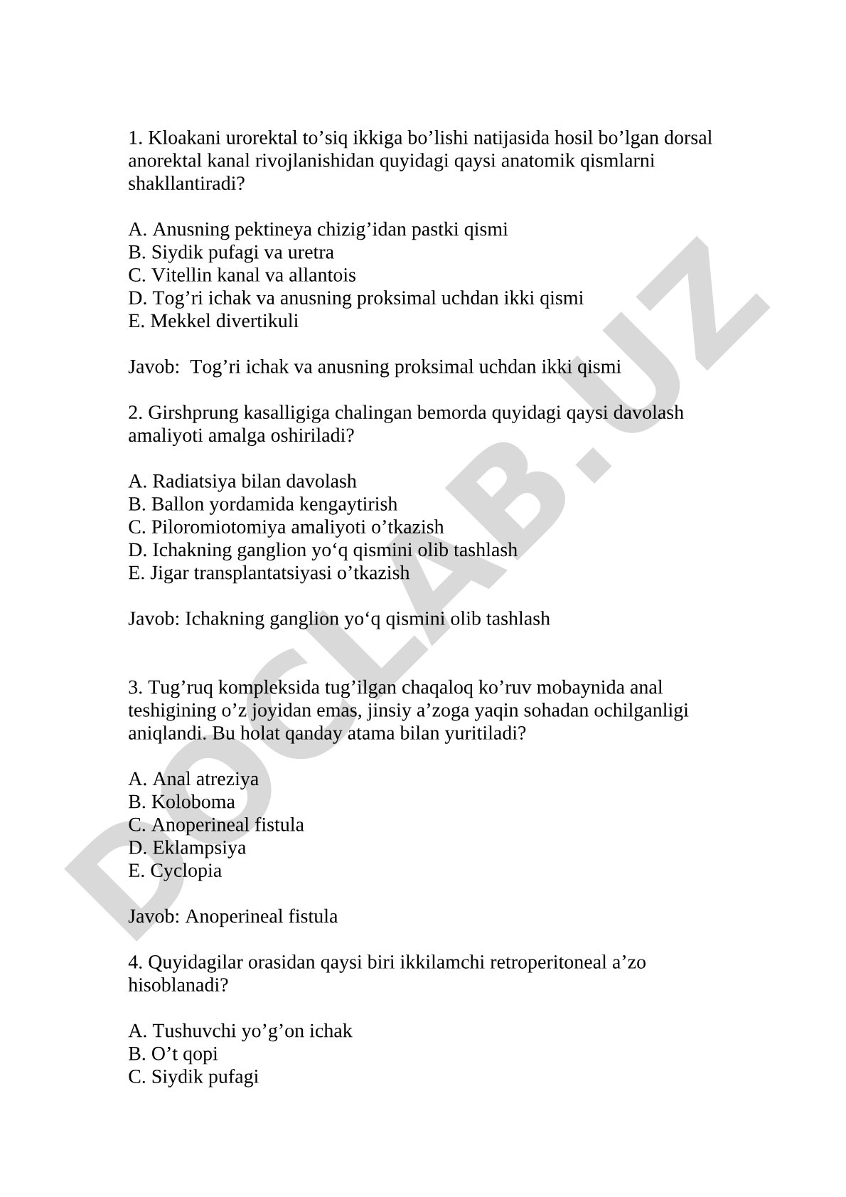 Tug'ma anorektal anomaliyalar va Girshprung kasalligi bo'yicha test