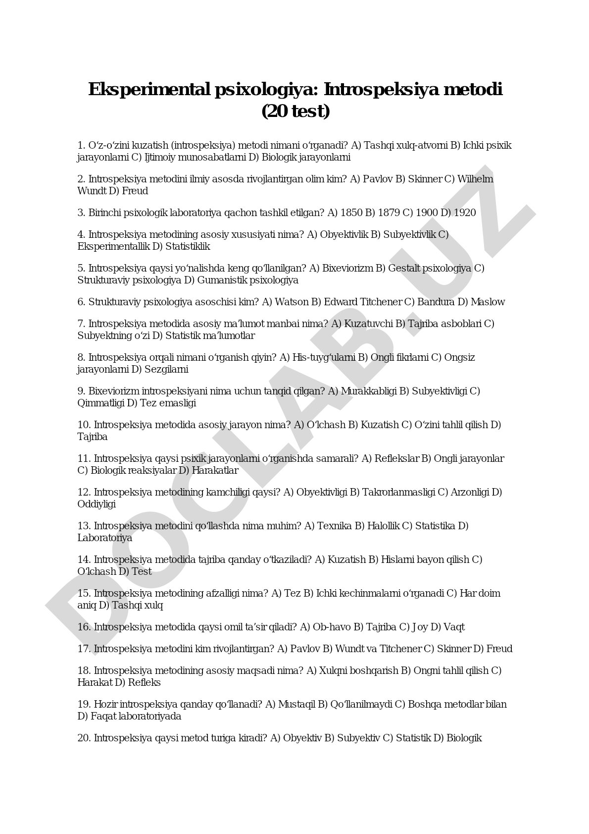 Eksperimental psixologiya: Introspeksiya metodi (20 test)