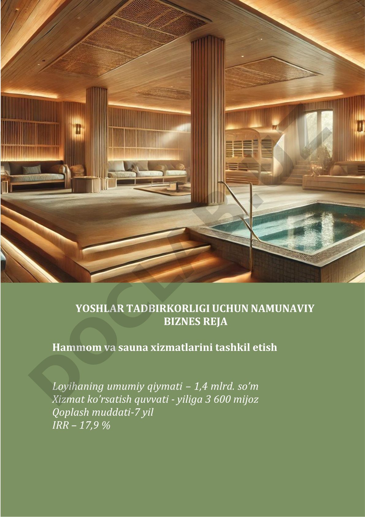 Yoshlar tadbirkorligi uchun namunaviy biznes reja - Hammom va sauna xizmatlarini tashkil etish