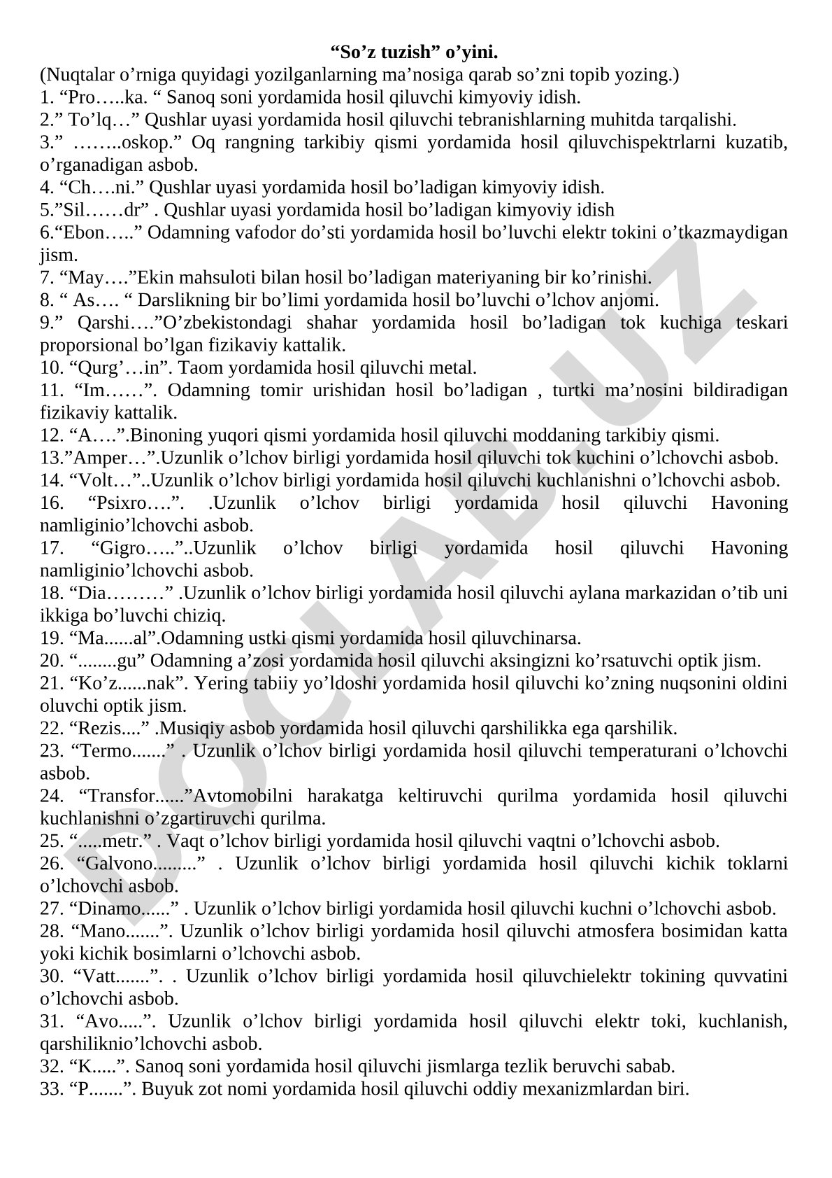 So'zlarga qo'shimchalar qo'shib fizika va kimyo atamalarini topish mashqi