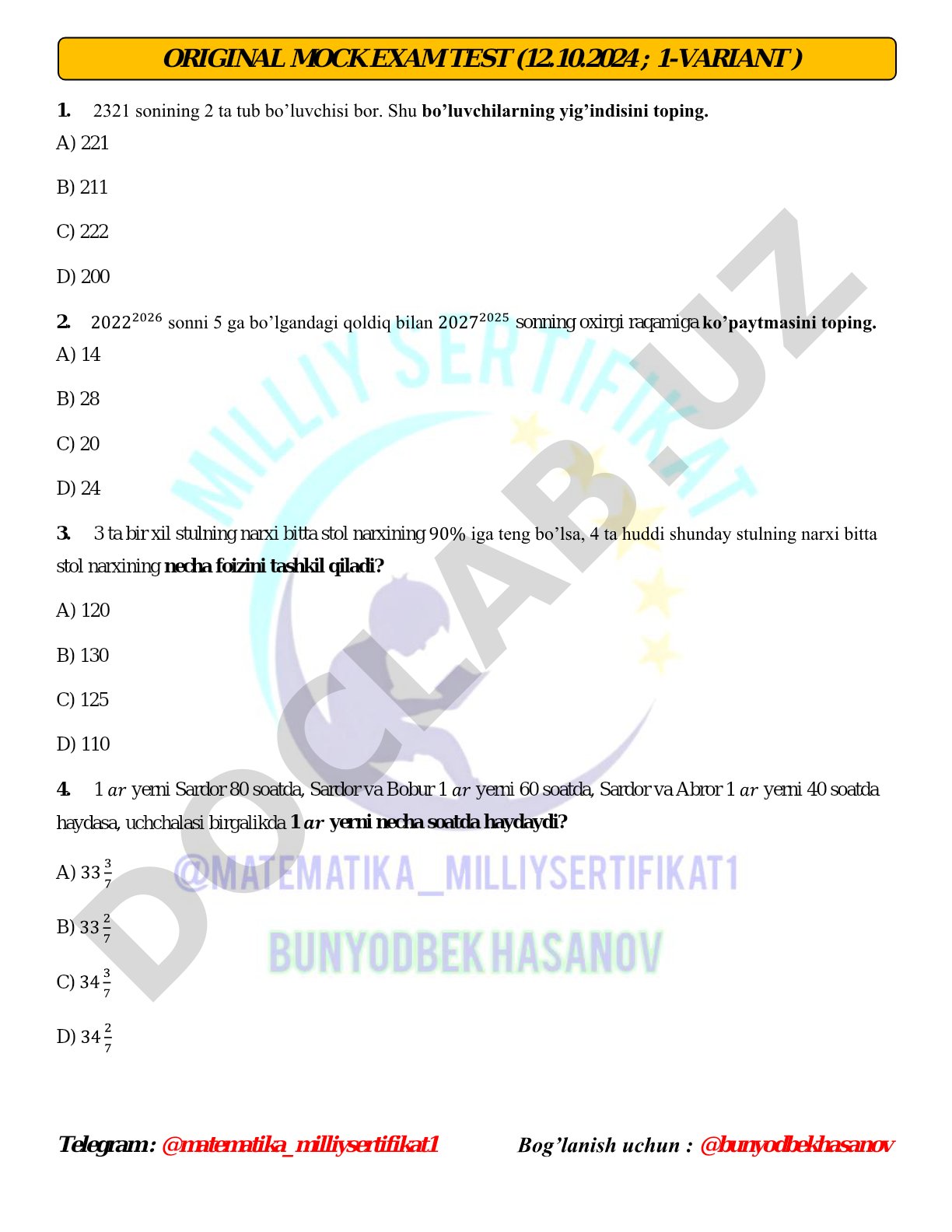 Matematikadan sinov imtihoni testi (1-variant)