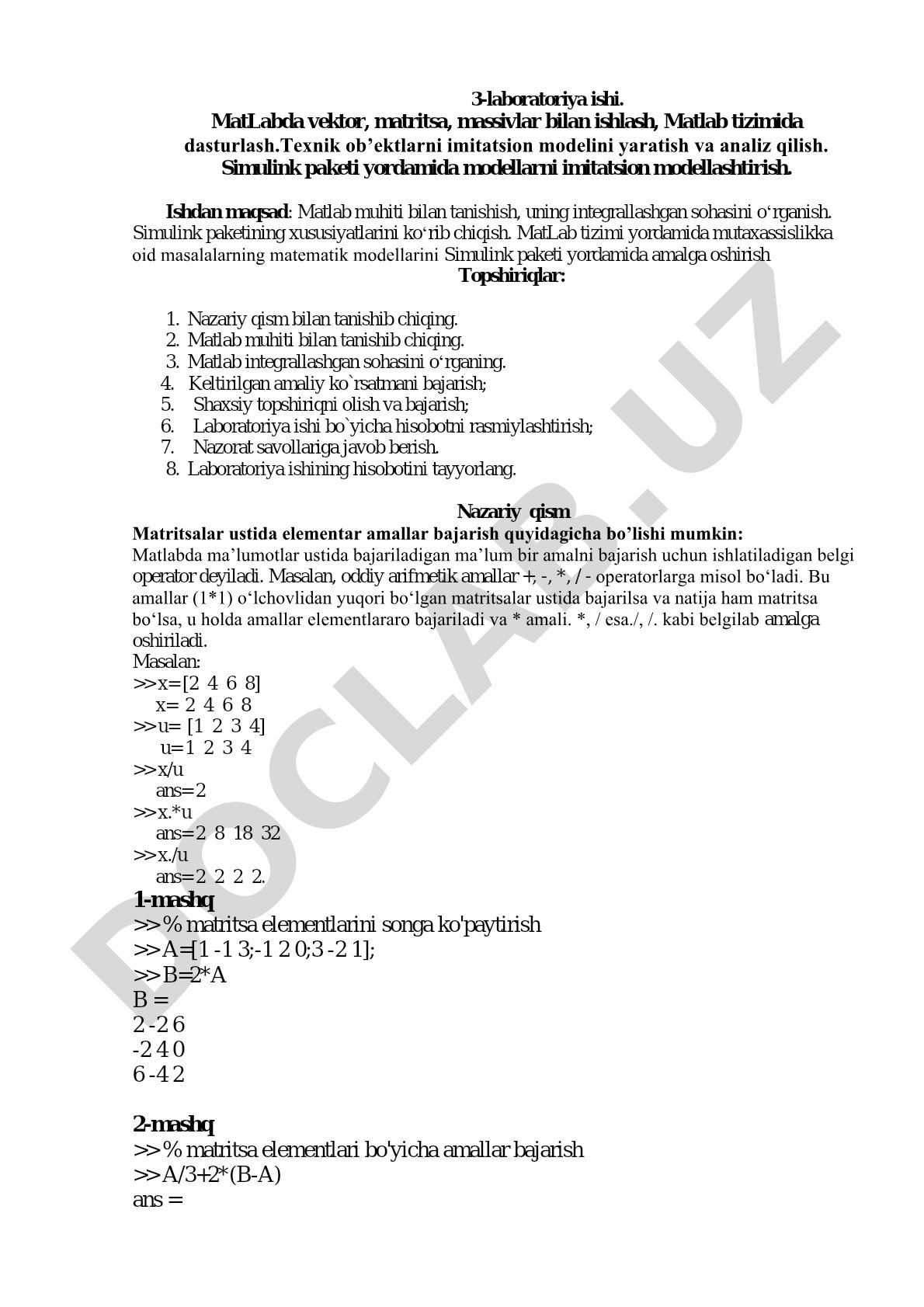 MatLabda vektor, matritsa, massivlar bilan ishlash va Simulink paketi yordamida imitatsion modellashtirish