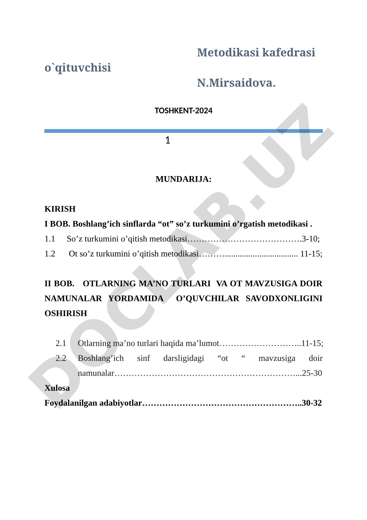 Boshlang’ich sinflarda ot mavzusini o’rgatish metodikasi