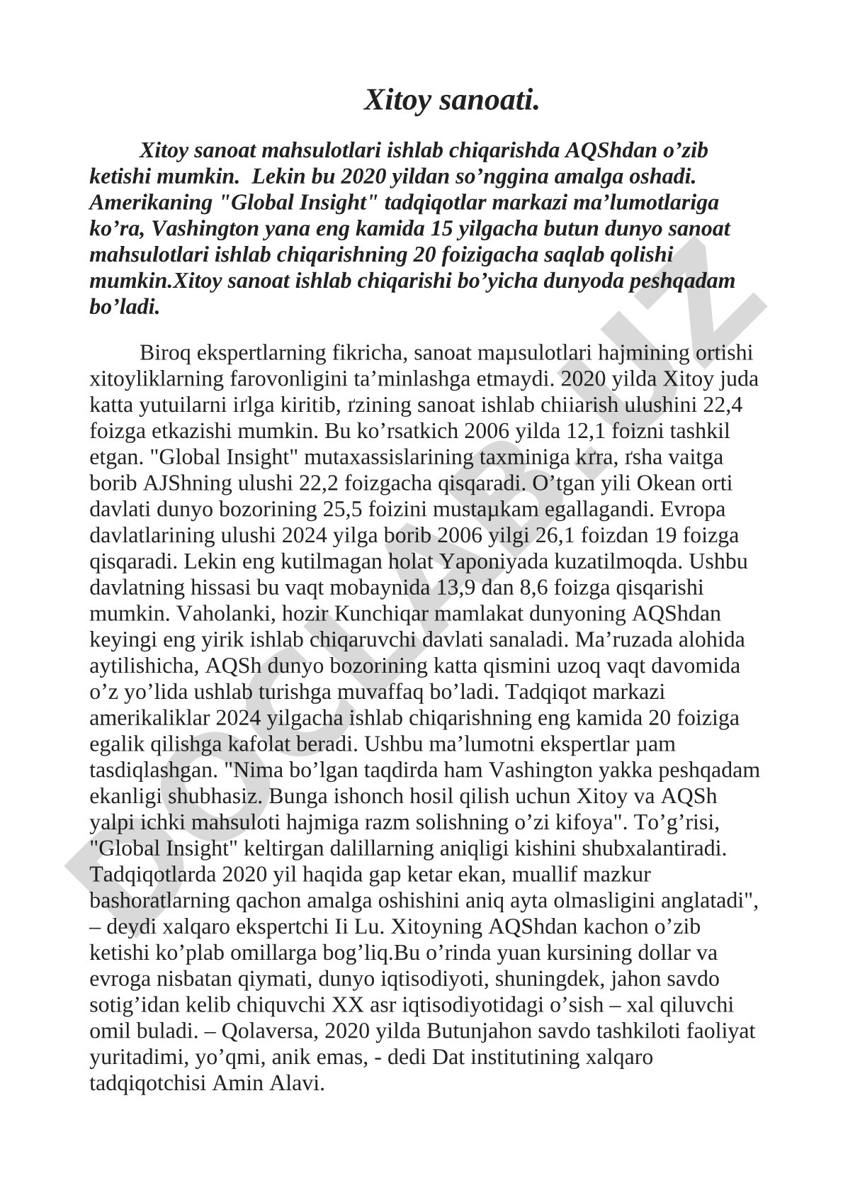 Xitoy sanoat mahsulotlari ishlab chiqarishda AQShdan o'zib ketishi