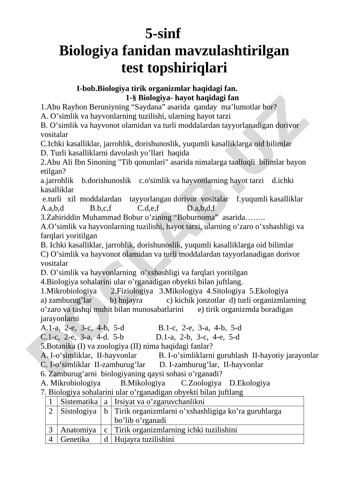 5-sinf Biologiya fanidan mavzulashtirilgan test topshiriqlari I-bob