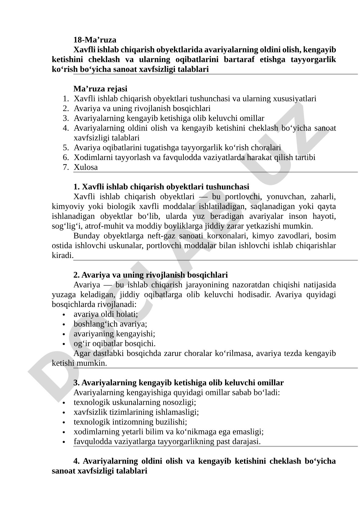Xavfli ishlab chiqarish obyektlarida avariyalarning oldini olish, kengayib ketishini cheklash va ularning oqibatlarini bartaraf etishga tayyorgarlik ko'rish bo'yicha sanoat xavfsizligi talablari